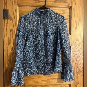Sheer (lined) blue floral high neck long sleeve blouse with bell sleeves